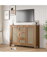 homfan Spacious Rattan Buffet Sideboard Cabinet, 3 Drawers, Boho Accent Storage Credenza, Adjustable Shelves, Large Console for Kitchen, Dining Room
