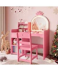 homfan 2-in-1 Kids Vanity Set with Lighted Mirror, 4-Piece Dressing Table with Bookshelf, Storage Cabinet and Stool, for Girls Ages 3-8
