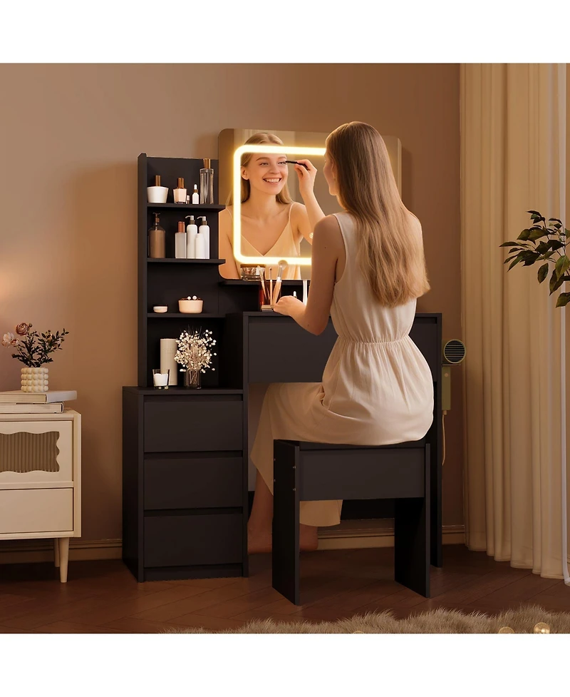 homfan Modern Vanity Desk with Mirror and Adjustable Led Lights, 4 Drawers, Storage Shelves, Charging Station and Stool for Bedroom, Makeup Table