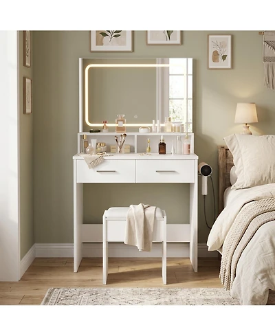 homfan Vanity Set with 3-Color Adjustable Led Mirror, Small Makeup Desk with Power Outlet, 2 Drawers, Modern Dressing Table, Cushion Stool Bedroom