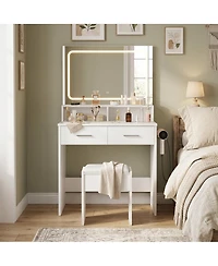 homfan Vanity Set with 3-Color Adjustable Led Mirror, Small Makeup Desk with Power Outlet, 2 Drawers, Modern Dressing Table, Cushion Stool Bedroom