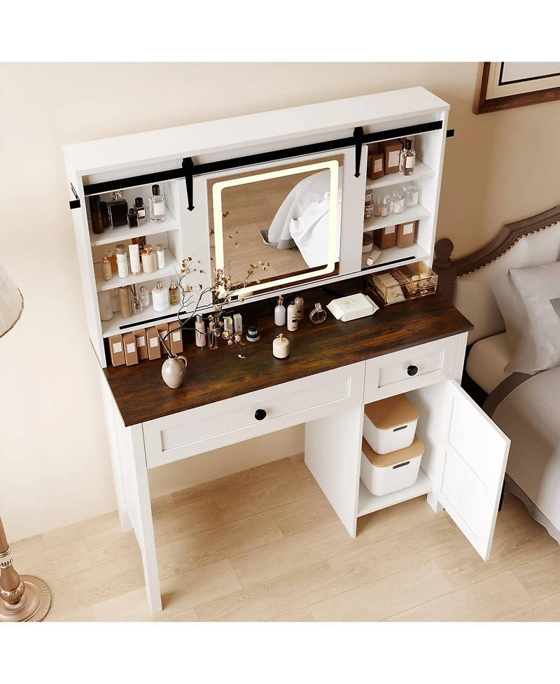 homfan Makeup Vanity Desk with Led Mirror, Charging Station, 3 Drawers, Storage Cabinet, Shelves, Stool - Modern Bedroom Dressing Table for Women