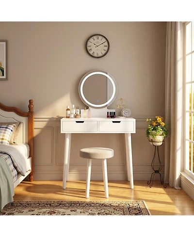 homfan Vanity Desk Set, Touch Screen 3 Colors Adjustable Lighted Mirror, Dressing Table and Cushioned Stool with 2 Large Drawers for Bedroom, Bathroom