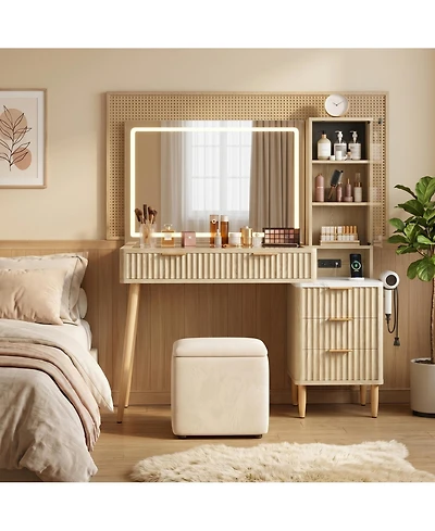 homfan Fluted Makeup Vanity with 36" Lighted Hd Mirror, Glass Top, 5 Drawers, Charging Station, Bedroom Dressing Table, Open Shelves Wood Furniture