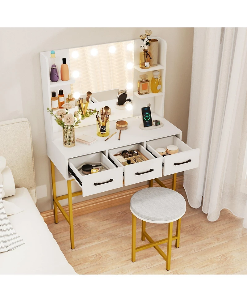 Slickblue Led Lighted Makeup Vanity Desk with Mirror and Cushioned Stool