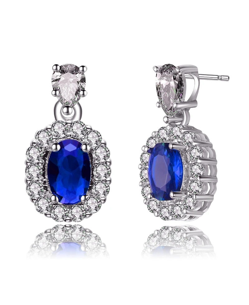 Extra Mini Sterling Silver White Gold Plated Blue Oval Cubic Zirconia with Clear Pear and Round Cubic Zirconias Accent Earrings