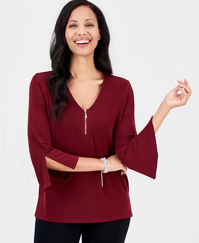 Jm Collection Petite V-Neck 3/4-Sleeve Zip-Front Blouse, Macy's Exclusive