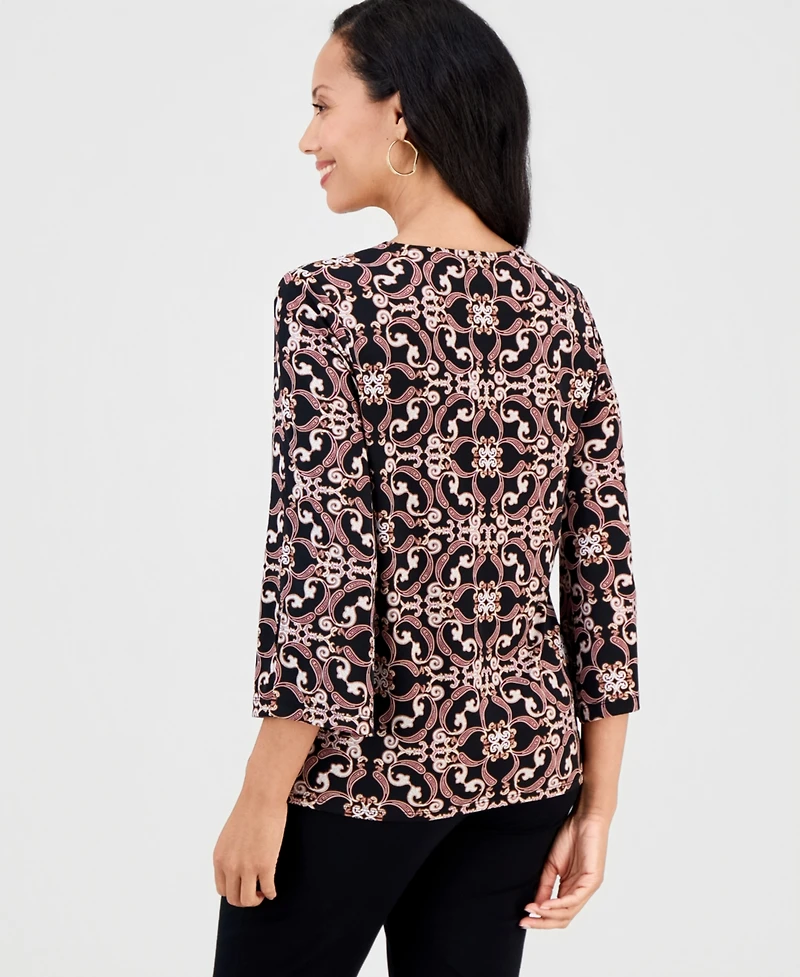 Jm Collection Women's Printed 3/4 Sleeve Zip-Front Top, Macy's Exclusive