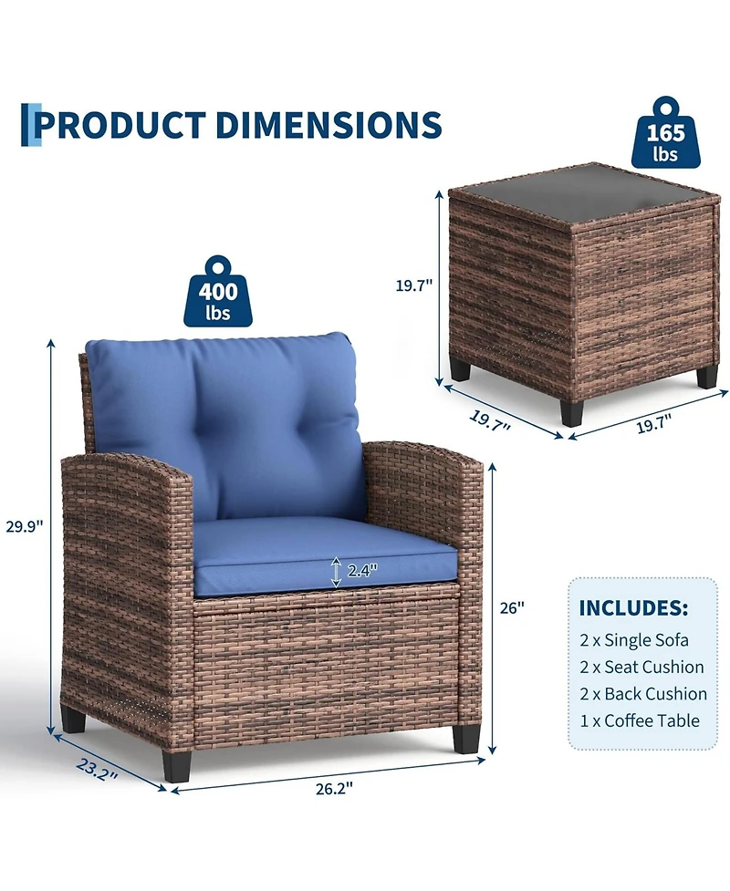 GarveeLife 3-Piece Outdoor Wicker Conversation Set with Cushions and Tempered Glass Table for Patio, Balcony, Porch or Garden