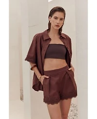 Womens Linen Lace Shorts Shirt