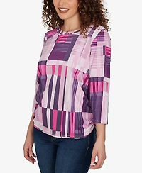 Alfred Dunner Women's Purple Bars Ruched Sides Top