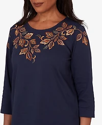 Alfred Dunner Women's Autumn Embroidered Navy Knit Top