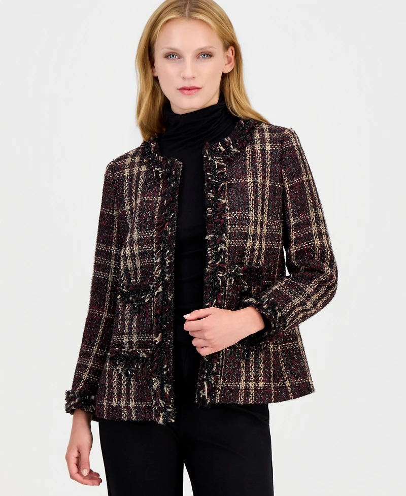 Anne Klein Women's Petite Fringe-Trim Plaid Shawl-Collar Jacket
