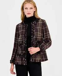 Anne Klein Women's Petite Fringe-Trim Plaid Shawl-Collar Jacket