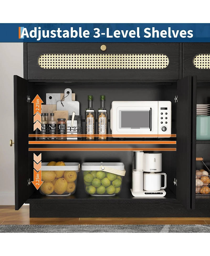 homfan 60 Inch Rattan Sideboard Cabinet with 2 Drawers and 4 Doors, Buffet Storage Adjustable Shelves for Dining Room, Living Room