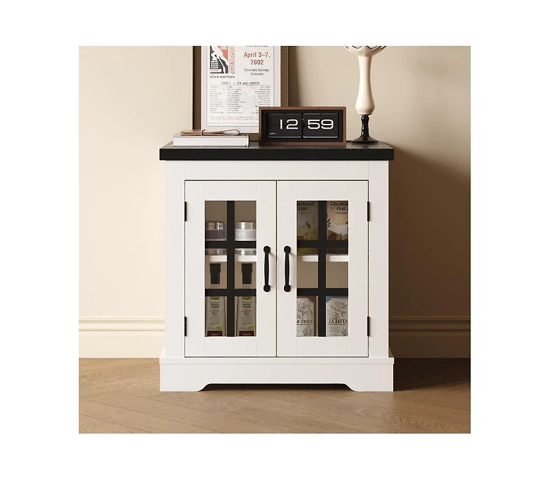 homfan Buffet Cabinet with Glass Doors and Storage, Sideboard Built-in Power Outlet, Ideal for Kitchen, Living Room, Coffee Bar, Pantry
