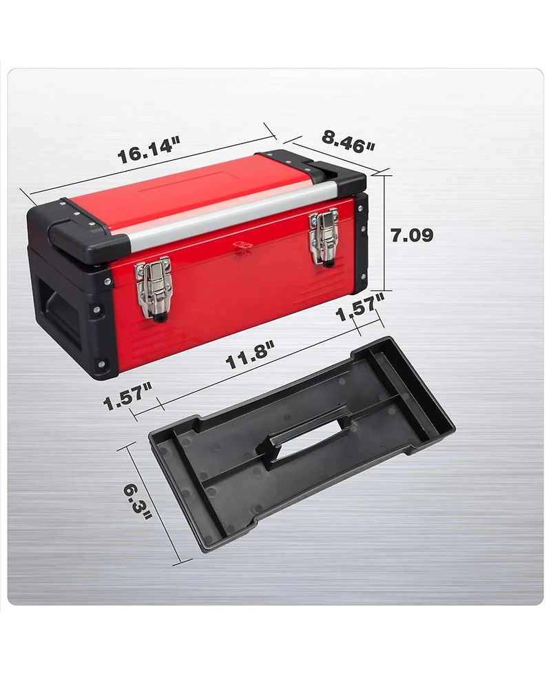 Xdovet Metal Toolbox 16" Steel Organizer Portable Double-Lock Removable Tray
