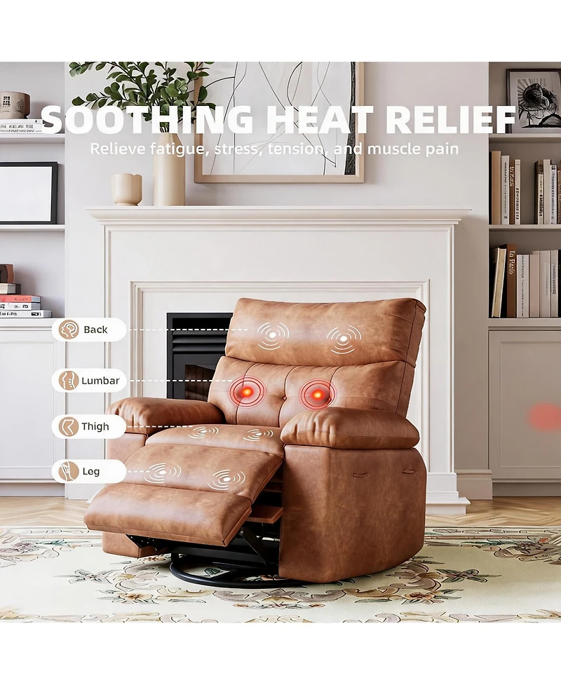 Oversized Pu Leather Rocking Recliner 360 degrees Swivel Electric with Heat and Massage Arms Back Single Sofa for Adults