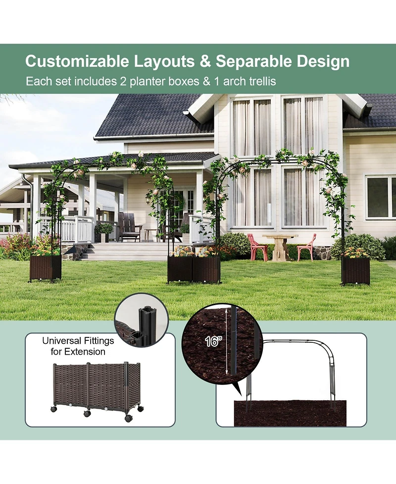 Costway 6.6 Ft Tall Metal Garden Arbor with 2 Raised Garden Planters Arch Trellis Outdoor