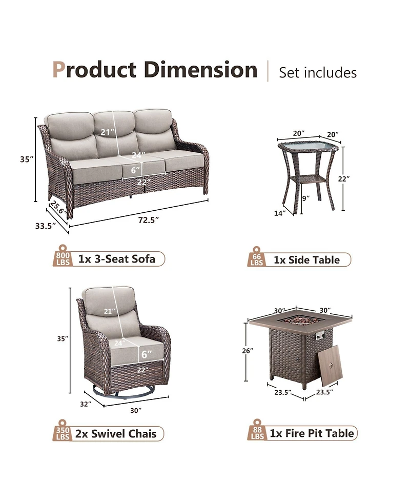 Pocassy Patio Furniture Set with 6-inch Thick Cushion, Outdoor Fire Pit, Swivel Chairs, 5pices Wicker Conversation