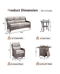 Pocassy Patio Furniture Set with 6-inch Thick Cushion, Outdoor Fire Pit, Swivel Chairs, 5pices Wicker Conversation