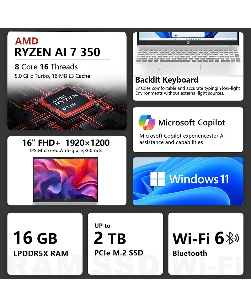 Hp OmniBook 5 16" Traditional Laptop Amd Ryzen Ai 7 16GB Ram Amd Radeon Graphics 512GB Ssd Storage Windows 11 Pro 60Hz