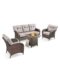 4 Piece Wicker Outdoor Furniture Set with Square Fire Pit Table, Outside Patio Deep Seating Conversation 5-inch Thick Cushion