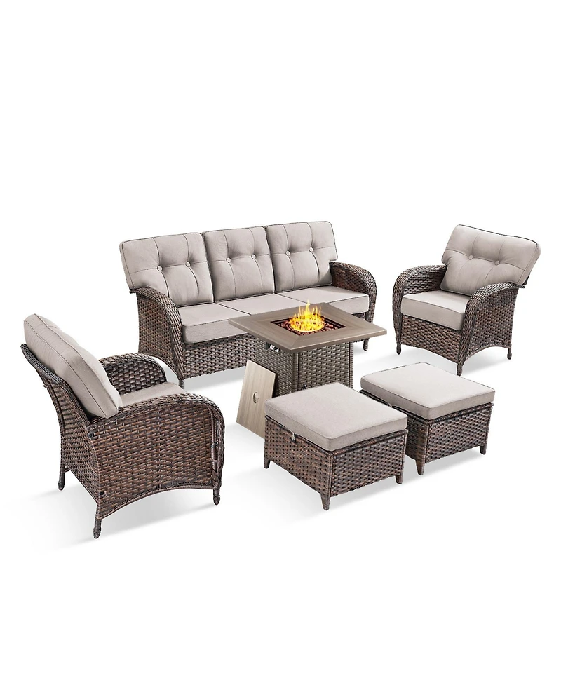 Patio Wicker Furniture Set With Square Fire Pit Table, 6PCS Outdoor Conversation Set, Brown Pe Rattan Chairs Sofa Ottoman