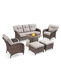 Patio Wicker Furniture Set With Square Fire Pit Table, 6PCS Outdoor Conversation Set, Brown Pe Rattan Chairs Sofa Ottoman