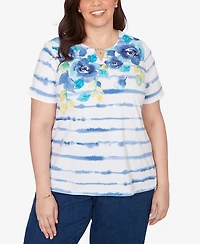 Alfred Dunner Plus Striped Floral Split Neck T-Shirt