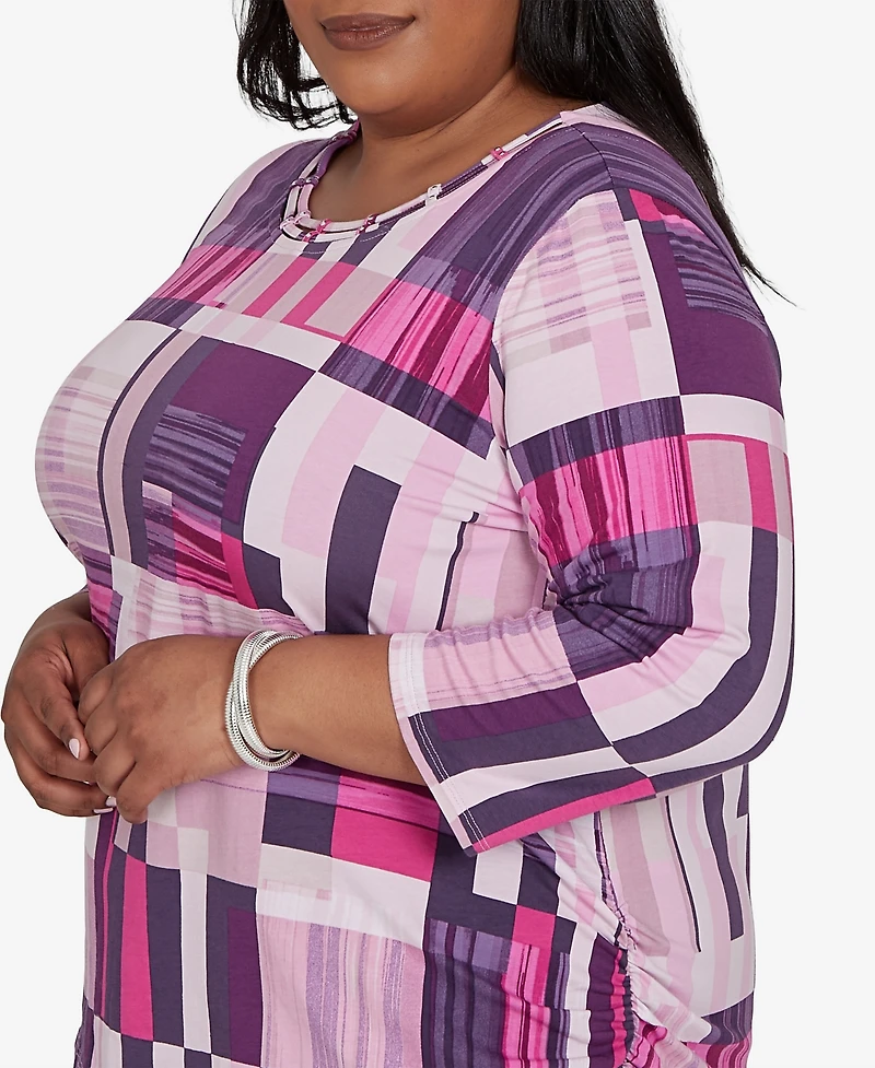 Alfred Dunner Plus Purple Bars Ruched Sides Top