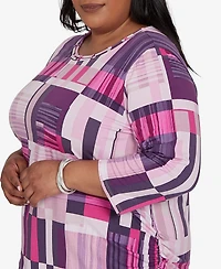Alfred Dunner Plus Purple Bars Ruched Sides Top