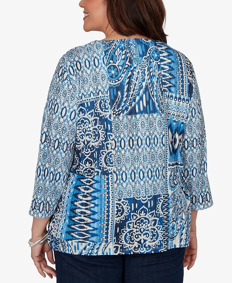 Alfred Dunner Plus Medallion Navy Patchwork Knit Top