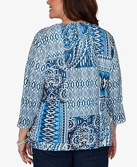 Alfred Dunner Plus Medallion Navy Patchwork Knit Top