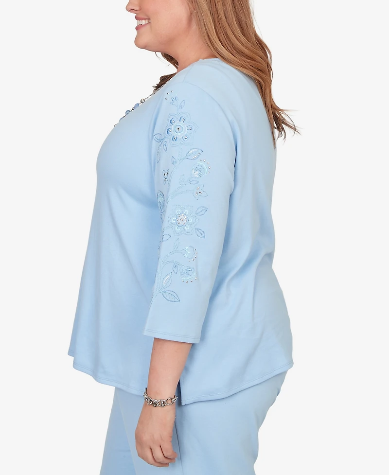 Alfred Dunner Plus Embroidered Floral Sleeve Accent Top with Necklace