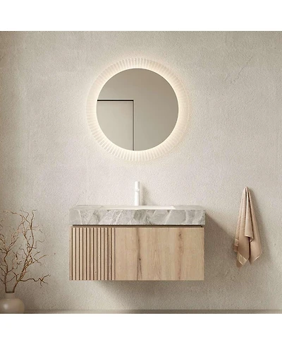 Thirtypeachy 36" Floating Bathroom Vanity, Travertine Sintered Stone Top, 1 Drawer 2 Doors Ceramic Sink