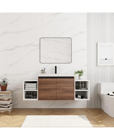 Sillysis Inch Wall Mounted Bathroom Vanity with Resin Sink Open Storage Shelves for Small Modern