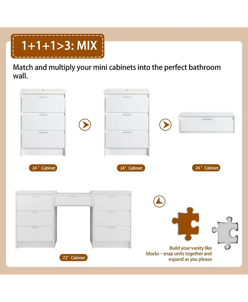 Sillysis 71 Inch Double Sink Freestanding Bathroom Vanity with Resin Basins, Soft Close Doors, Water-Resistant, Side Cabinet Storage