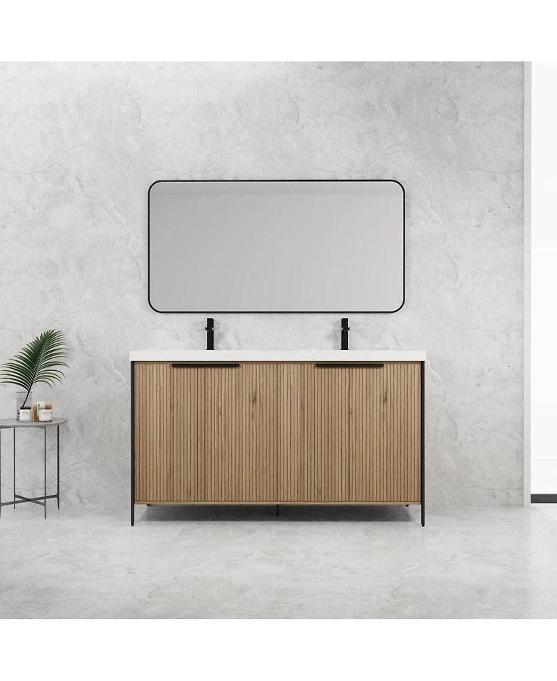Sillysis 59 Inch Double Sink Bathroom Vanity with Resin Top, Soft Close Doors, Adjustable Shelf, Plywood Cabinet for Modern Bathrooms