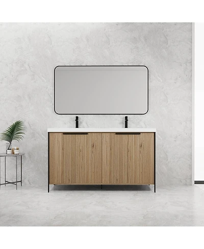 Sillysis 59 Inch Double Sink Bathroom Vanity with Resin Top, Soft Close Doors, Adjustable Shelf, Plywood Cabinet for Modern Bathrooms