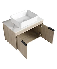 Sillysis Wall Mounted Bathroom Vanity with Ceramic Vessel Sink, Side Storage Shelf, Soft Close Doors