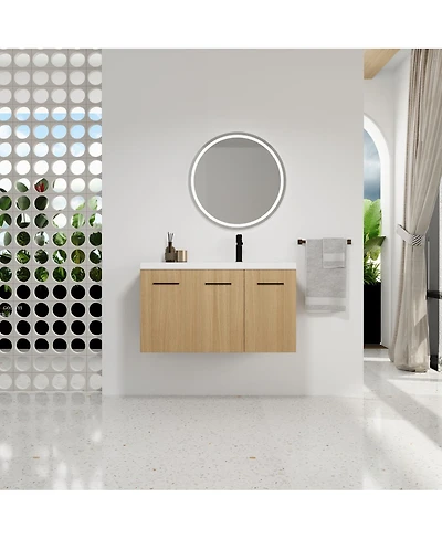 Sillysis 36 Inch Wall Mounted Bathroom Vanity with Resin Sink Top, Soft Close Doors, Space Saving Design for Modern Bathrooms