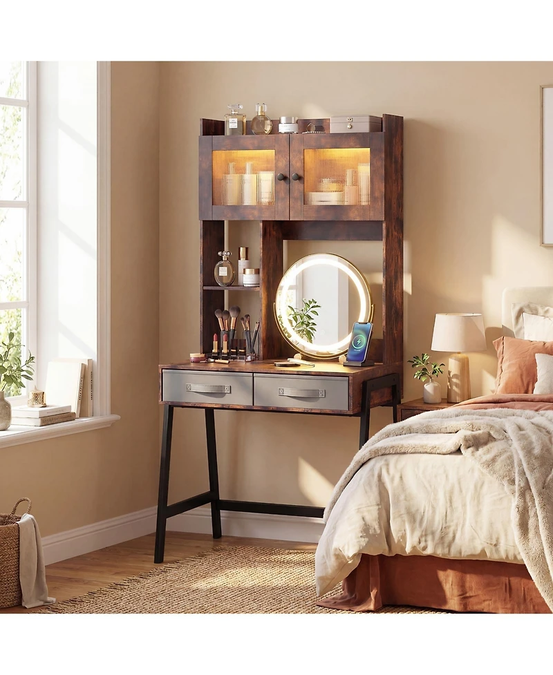 Volenca Vanity Desk with Rotatable Mirror, 3-Color Lights, and Charging Station