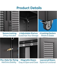 Boyel Living 71" Metal Broom Closet with Wheels, Lockable Cleaning Cabinet with Pegboard and Louvered Doors for Garage