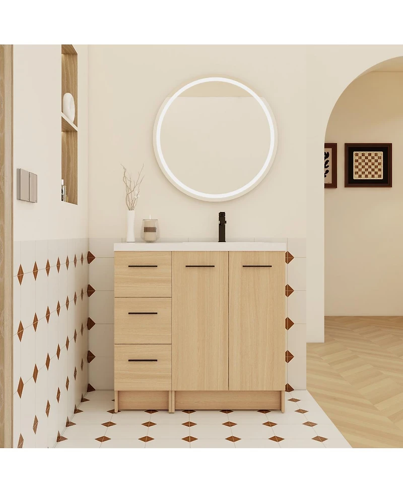 Sillysis 36 Inch Freestanding Bathroom Vanity with 3 Drawer Cabinet, Integrated Resin Sink, Soft-Close Doors and Adjustable Storage
