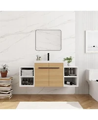 Sillysis 48 Inch Wall Mounted Bathroom Vanity with Resin Sink Open Storage Shelves for Small Modern Bathroom