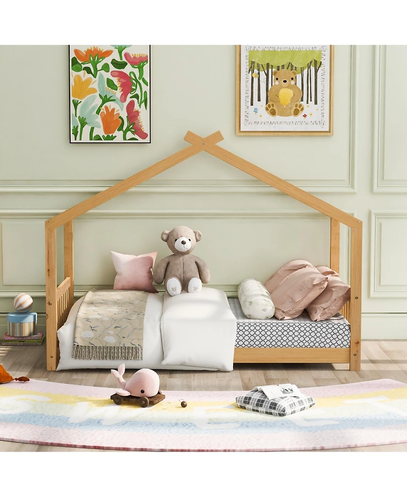 flynama Twin Size Natural Wood House Platform Bed with Headboard Footboard Roof Design and Open Concept