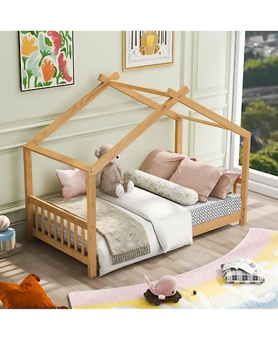 flynama Twin Size Natural Wood House Platform Bed with Headboard Footboard Roof Design and Open Concept