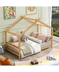 flynama Twin Size Natural Wood House Platform Bed with Headboard Footboard Roof Design and Open Concept