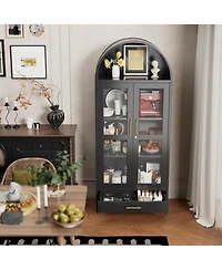 Boyel Living Metal Arched Display Cabinet with Lock, Pantry Storage Hutch with Glass Doors and Drawer